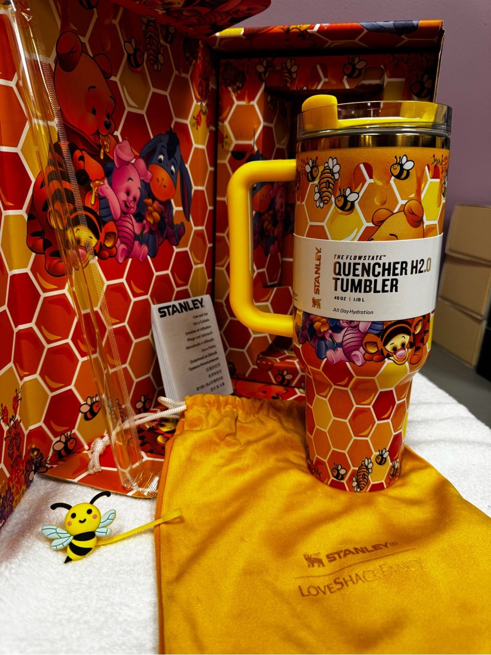 Stanley Yellow Honeycomb Quencher Tumbler with Bee Character Art